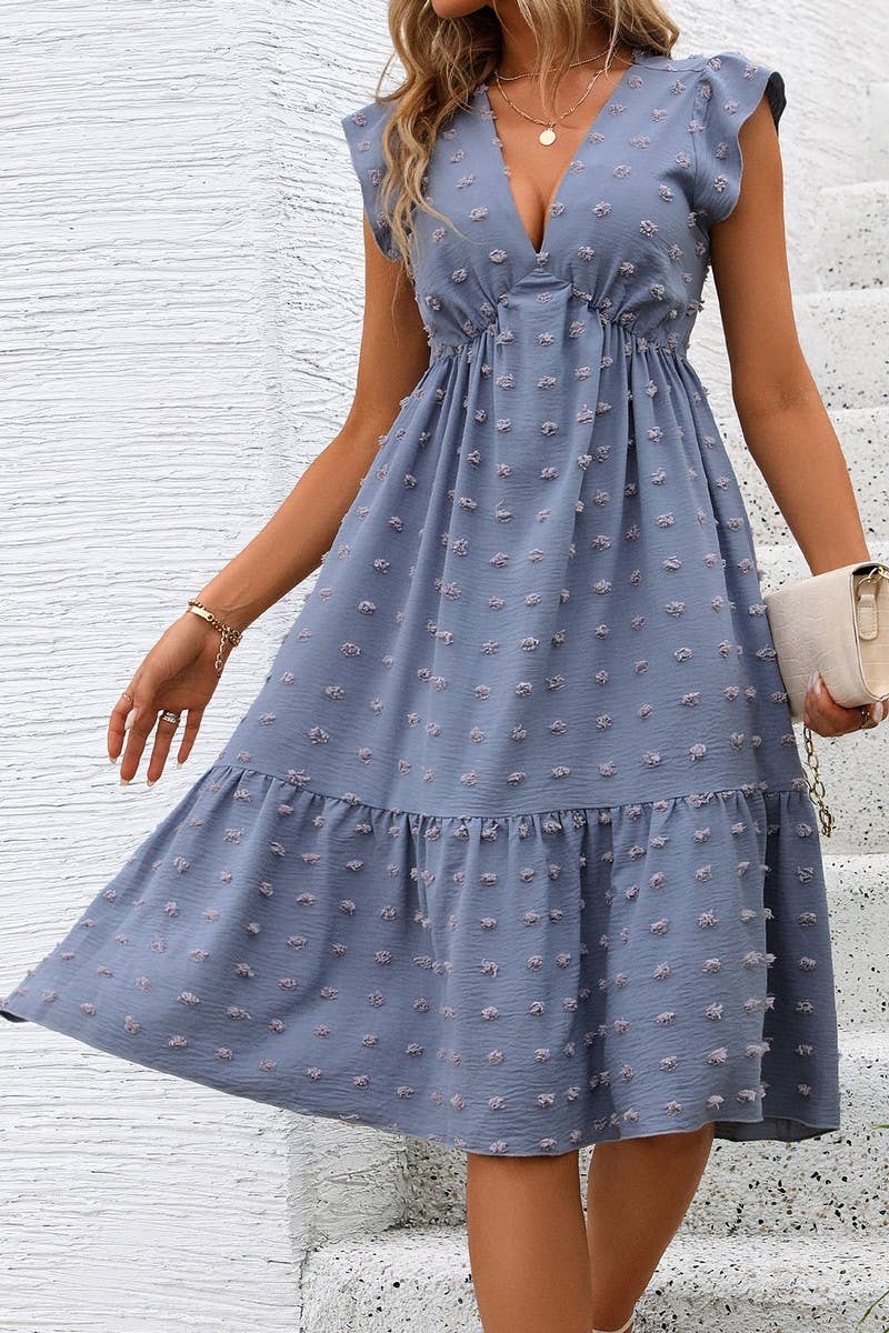 CWDMD1924_DEEP V-NECK SHORT SLEEVES JACQUARD MIDI DRESS