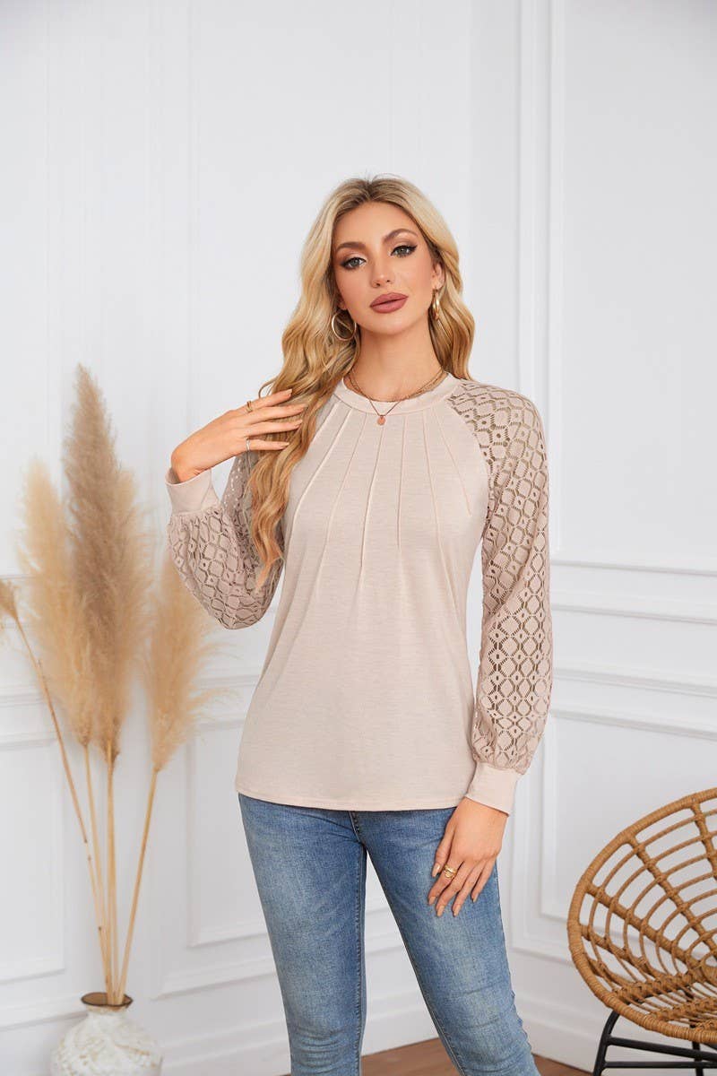 CWTBLL4096_LACE PANEL ROUND NECK PLEATED LONG SLEEVE TOP