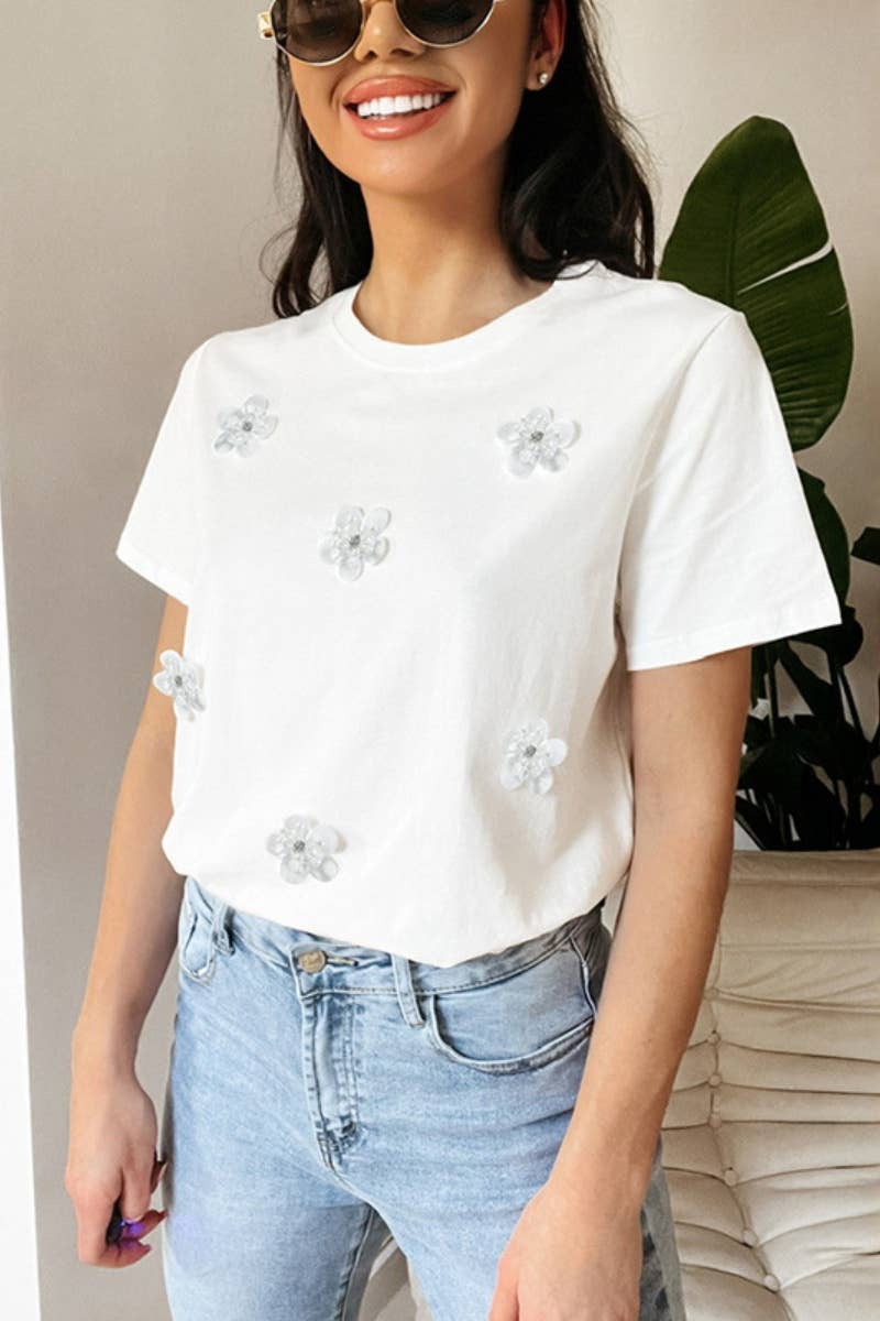 CWTBLS1328_SUMMER CREW NECK SHORT SLEEVE FLOWER TOP