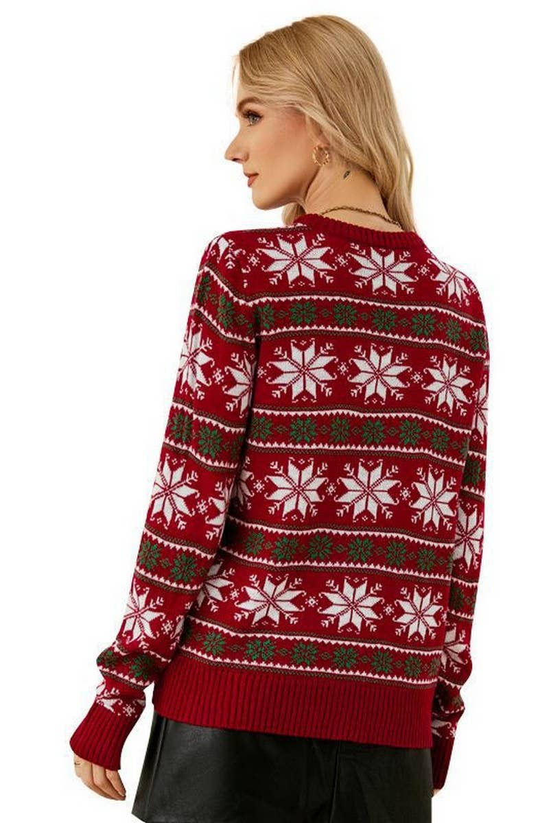 CWOSWL2437_ROUND NECK SNOWFLAKE RED CHRISTMAS SWEATER