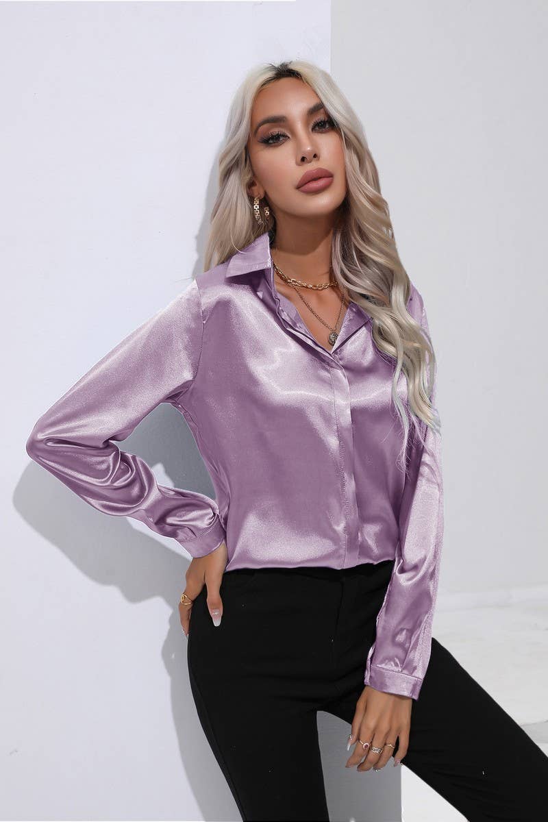 CWTBLL0692_Button Down Silky Satin Long Sleeve Top