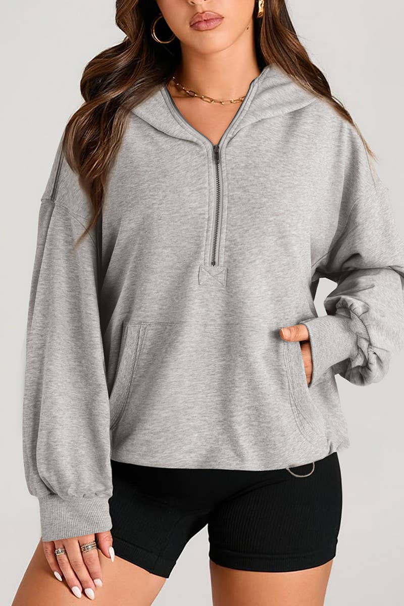 CWOHOL0935_SOLID COLOR HOODED ZIPPER POCKET SWEATSHIRT