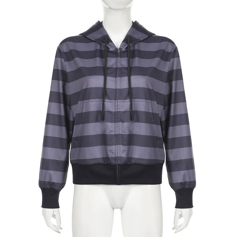 BASIC ZIPPER STRIPED COLOR CONTRAST CASUAL HOODIE