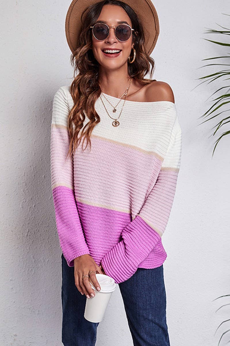 CWOSWL4069_CONTRAST GRADIENT STRIPED BOAT NECK KNIT SWEATER