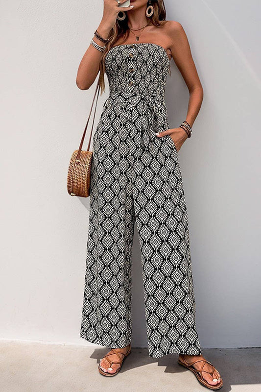 CWSJS1328_PRINTED LACE-UP BANDEAU JUMPSUIT