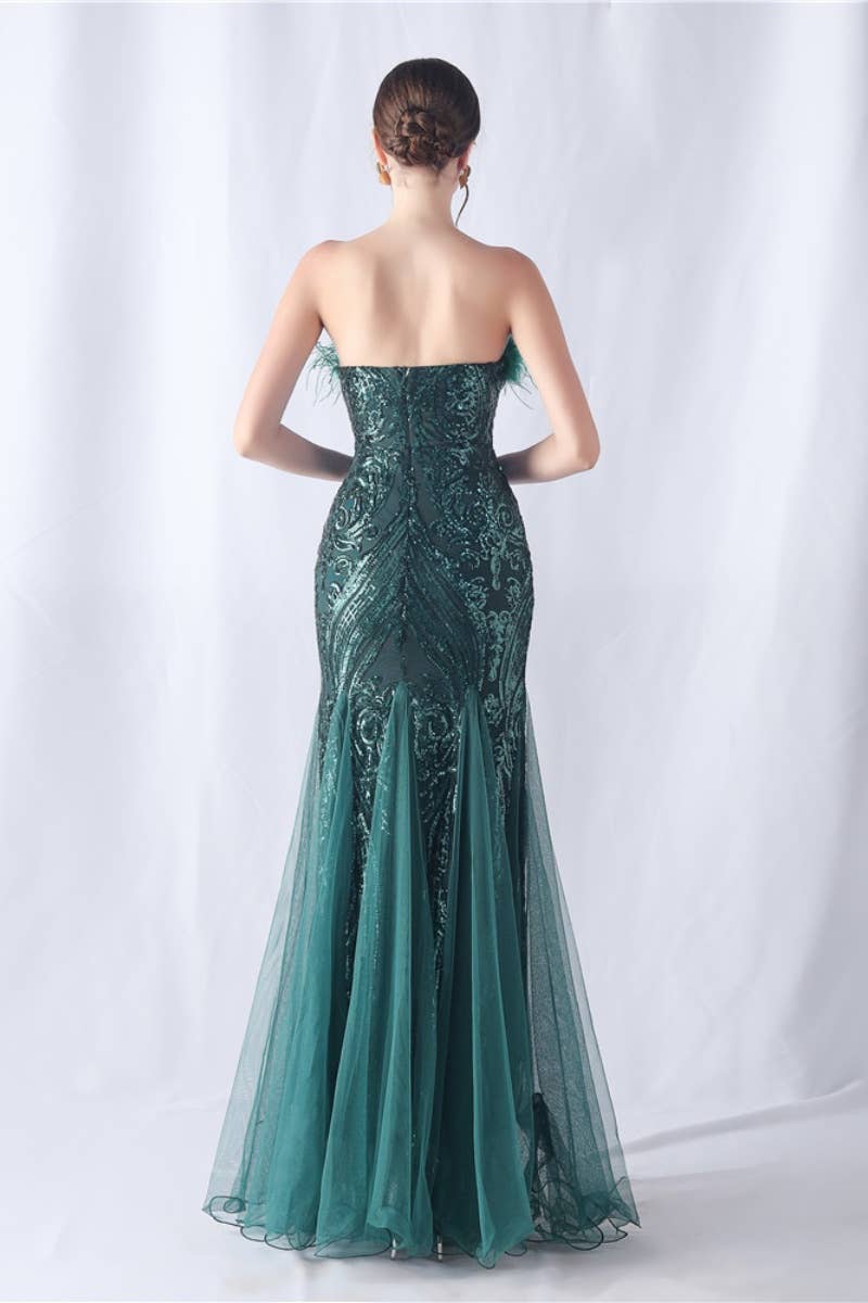 CWDMD3628_FURRY STRAPLESS SEQUIN EVENING DRESS LONG