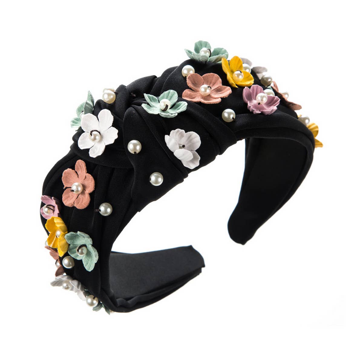 SOLID COLOR FLOWER PEARL KNOTTED HEADBAND_CWAHA1979