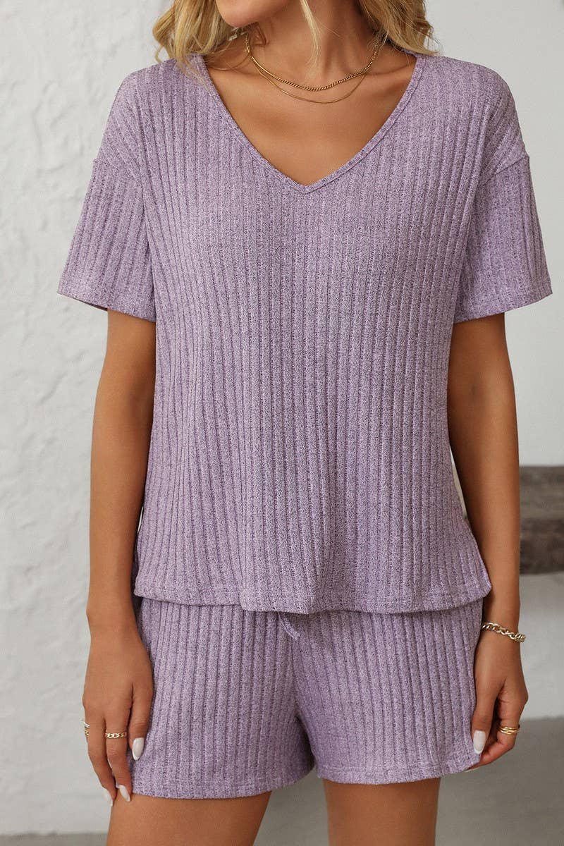 CWSTB1663_SOLID COLOR STRIPED SHORT-SLEEVED HOME WEAR SUIT