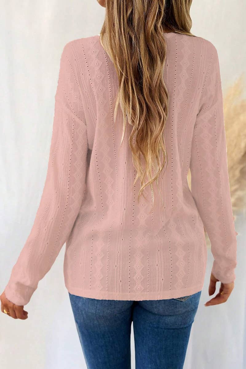 CWTBLL2483_V-NECK LACE PATCHWORK LONG-SLEEVED TOP