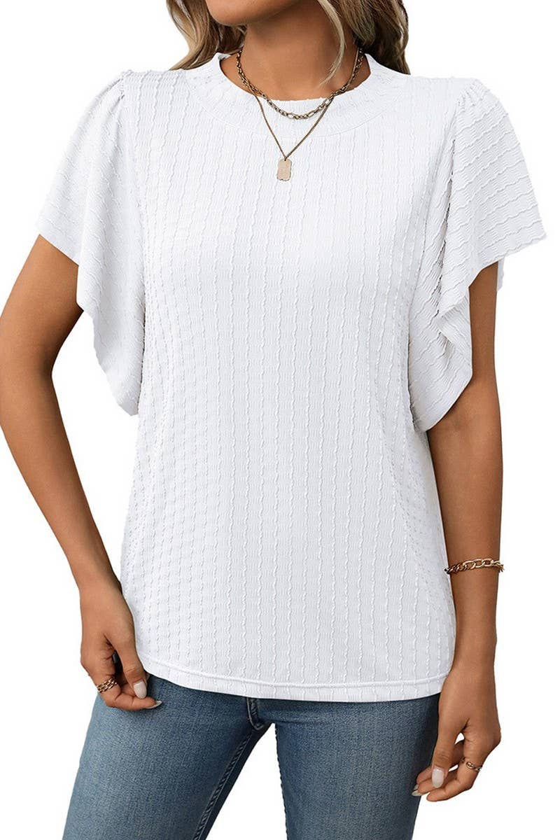CWTBLS1718_SOLID COLOR ROUND NECK RUFFLE SLEEVE TOP