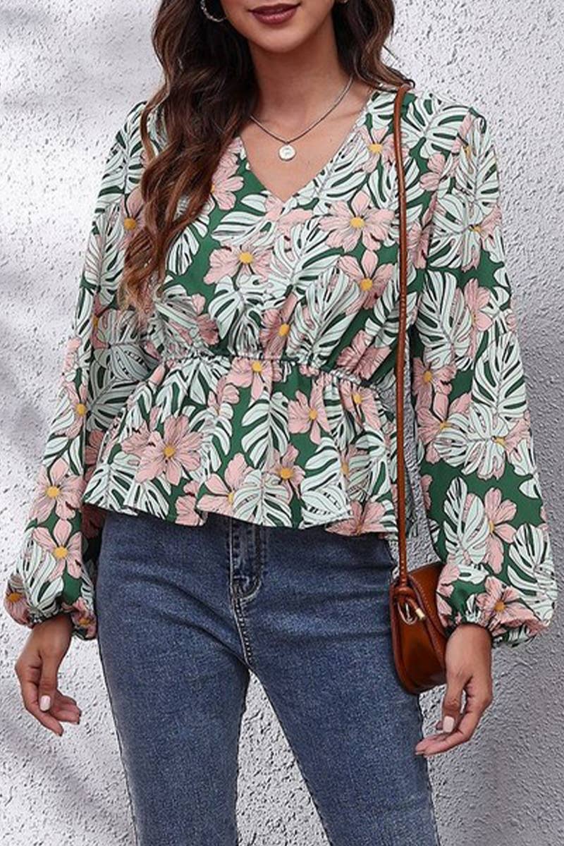 CWTBLL3759_V-NECK LANTERN SLEEVE LEAF PRINT CHIFFON SHIRT