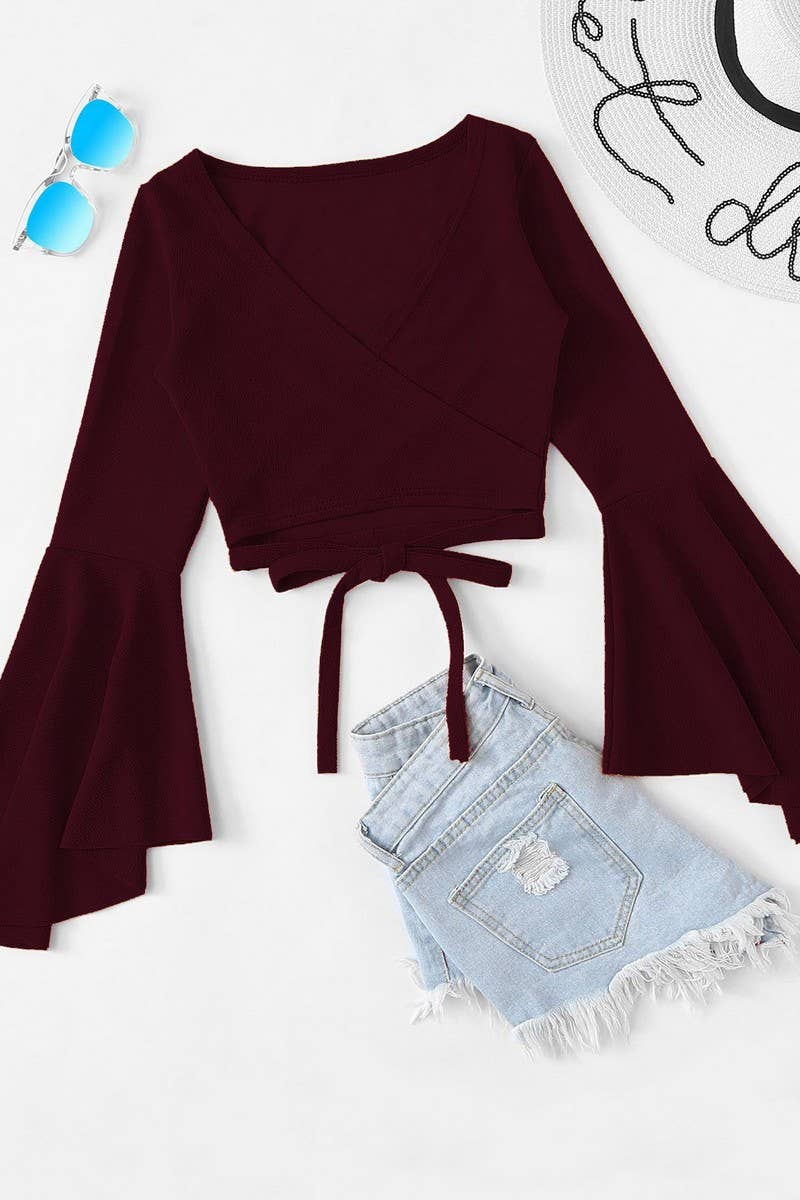 CWTBLL2732_BAT-SLEEVE SHORT BELLY-EXPOSING DARK RED TOP