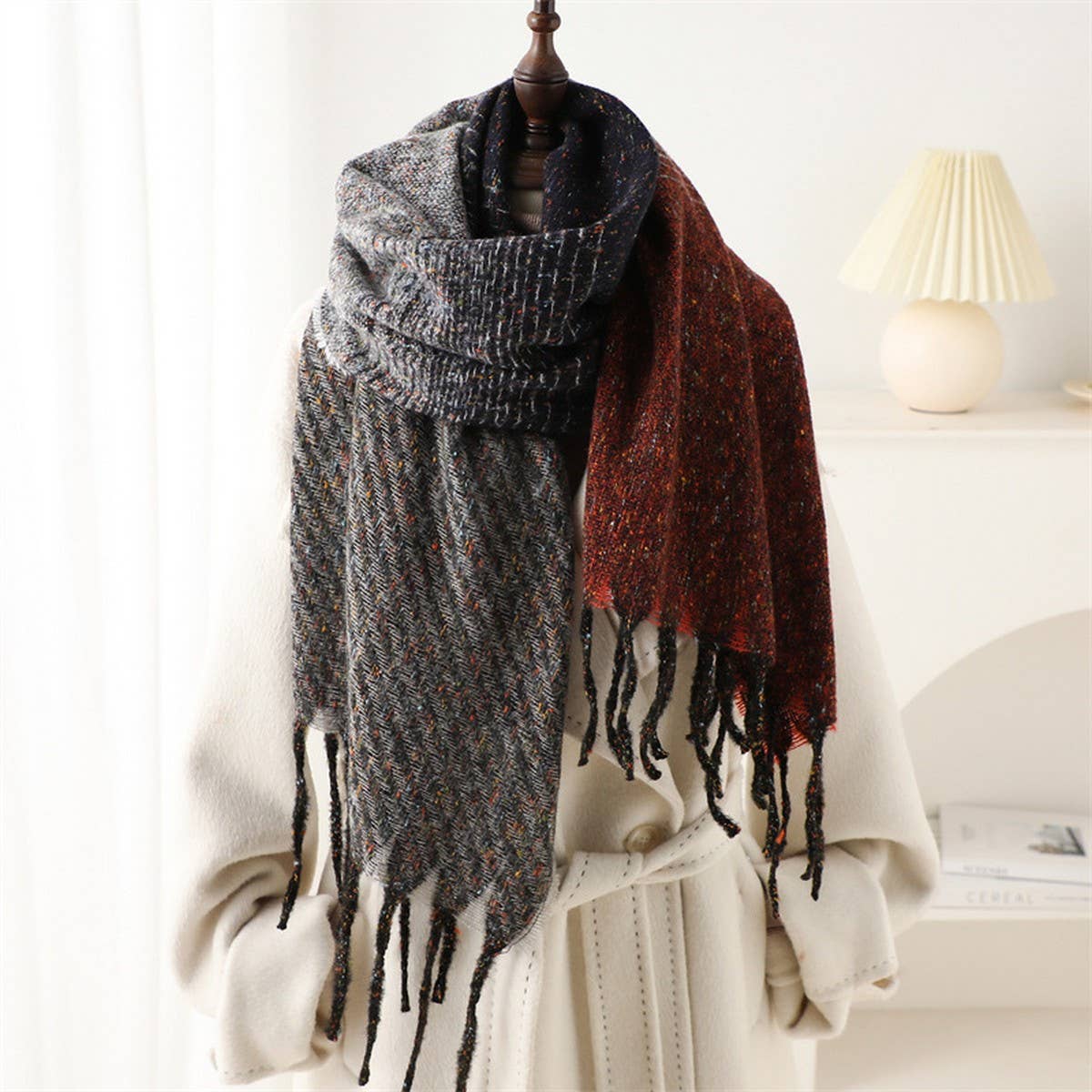Geometric Colorblock Gradient Scarf with Tassel