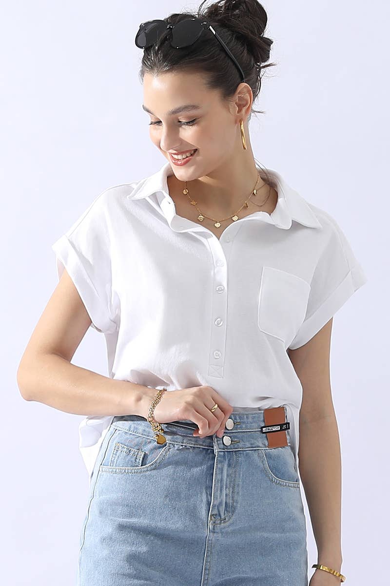 CWTTS698_JOHNNY COLLARS BUTTON CLOSER SHORT SLEEVE TOP