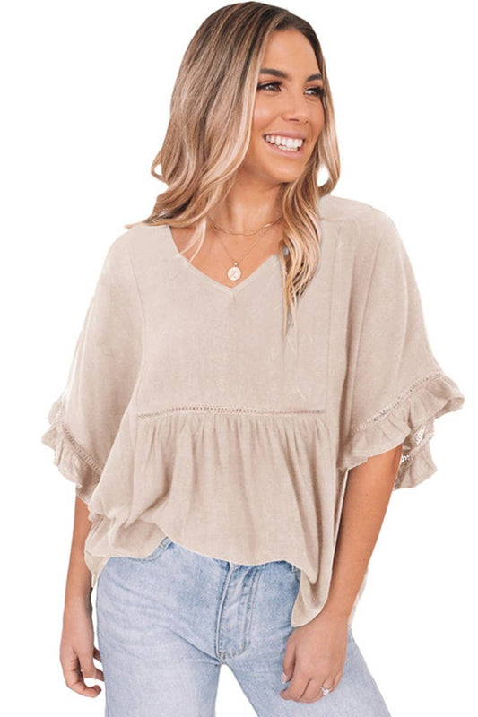 CWTBLS1346_SOLID COLOR V-NECK RUFFLED SHORT SLEEVE TOP
