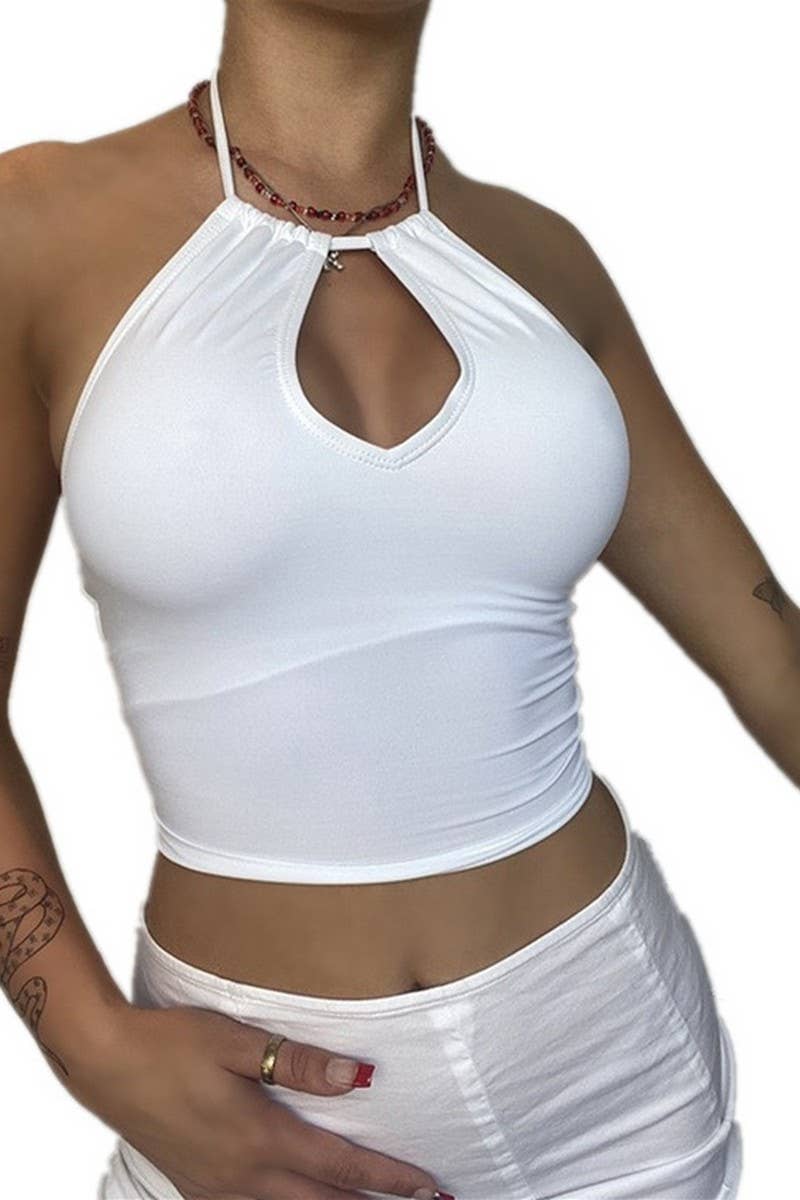 CWTTSL0519_HALTER SOLID COLOR CASUAL SHORT SLEEVELESS TOP