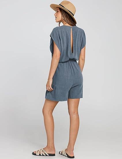 COTTON LINEN CASUAL BELTED SHORT SLEEVE ROMPER