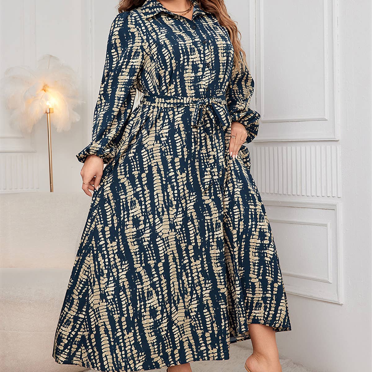 Plus Size Printed Dress ??Polo Collar Long Sleeve_CWDMD5969