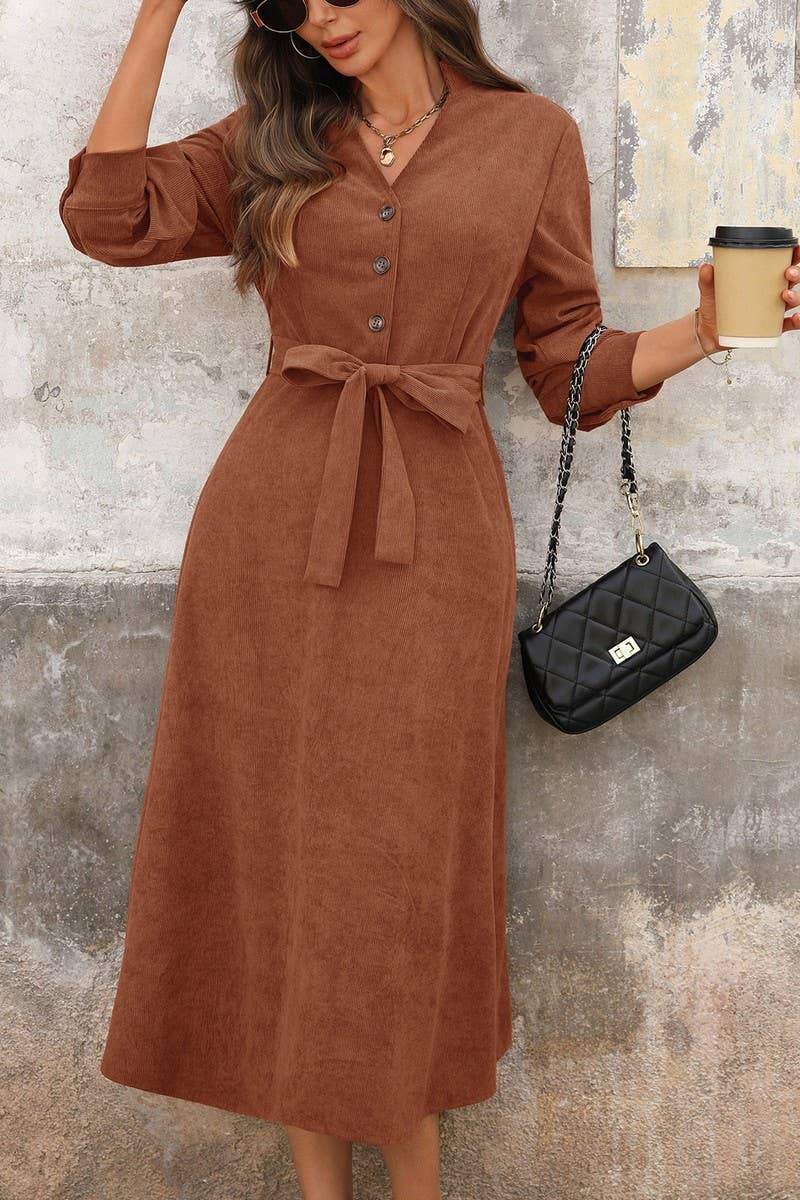 CWDMD01047_BROWN CORDUROY V-NECK LACE-UP COMMUTER DRESS
