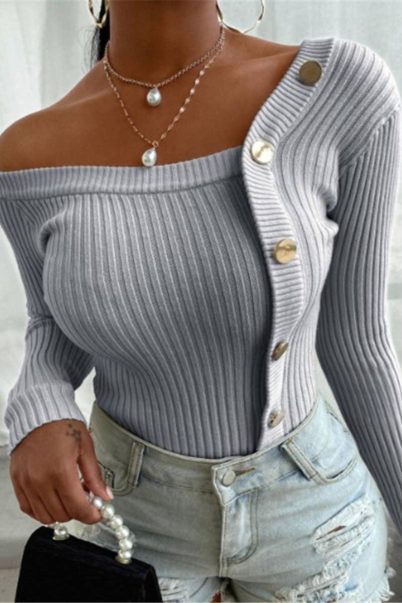 CWOSWL4862_FALL WINTER FASHION PATCHWORK BUTTON UP SWEATER