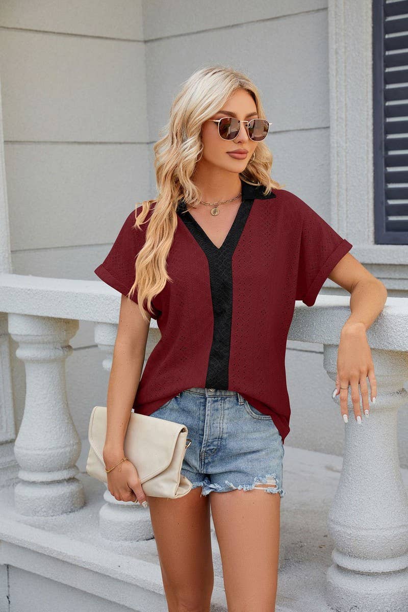 CWTTS0832_V-Neck Short Sleeve Knit Top