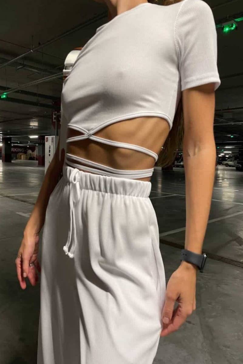 CWSS0517_SEXY CROP STRAP SHORT SLEEVE TOP AND PANTS SUIT