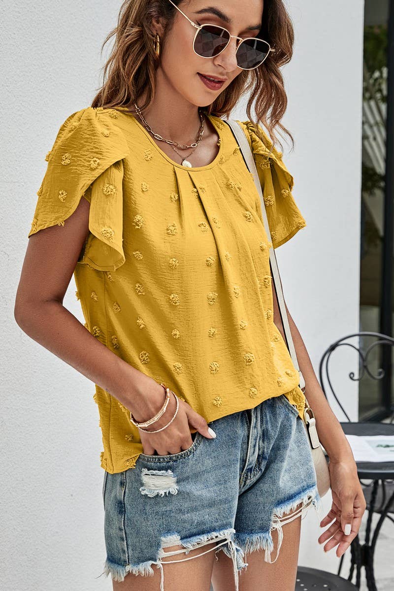 CWTBLS0342_Round neck Short Puff Sleeve Blouse