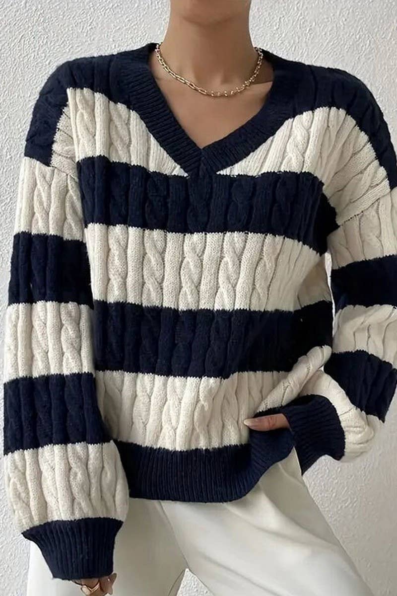 CWOSWL5806_V-NECK BRAIDED STRIPED CONTRAST SWEATER