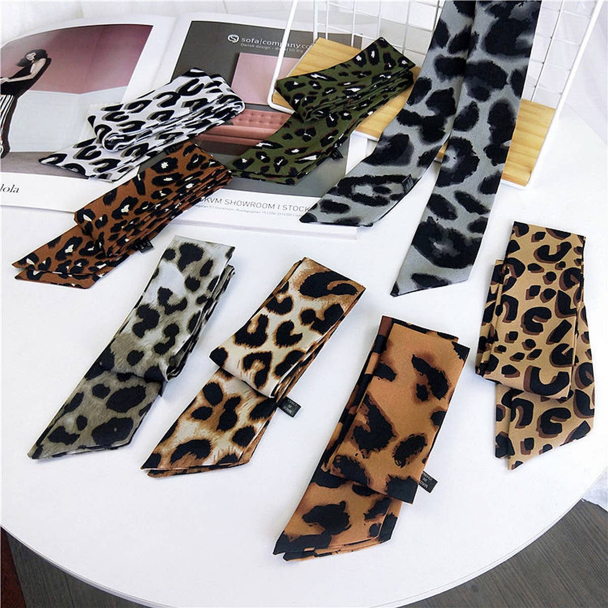 CWASC2385_MULTI COLORED HANDLE RIBBON LEOPARD PRINT SCARF