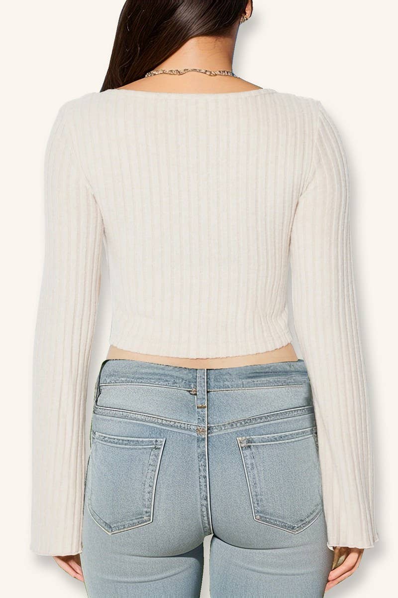 CWTBLL3790_V NECK DRAWSTRING FLARE SLEEVE CROP TOP