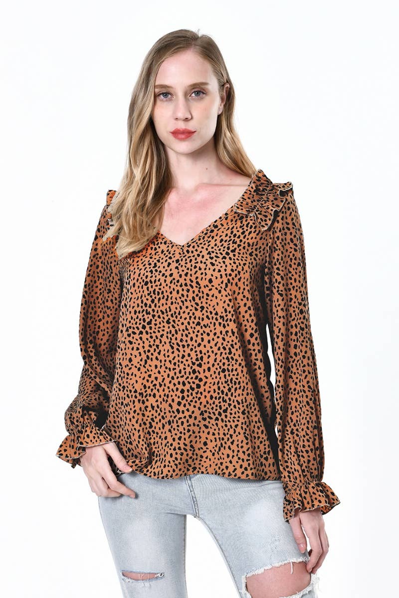 CWTBLL2485_V-NECK LEOPARD PRINT LONG-SLEEVED TOP
