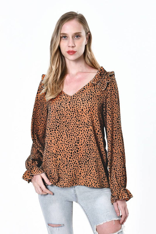 CWTBLL2485_V-NECK LEOPARD PRINT LONG-SLEEVED TOP