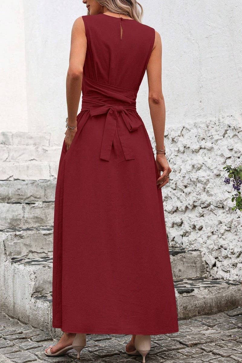 CWDMD5873_SOLID SLEEVELESS TIE WAIST CASUAL TANK DRESS