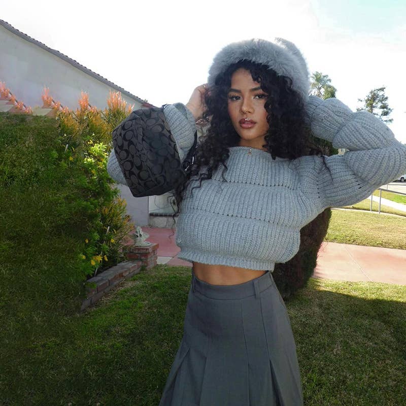 DESIGN SENSE LANTERN SLEEVE SHORT CROP SWEATER