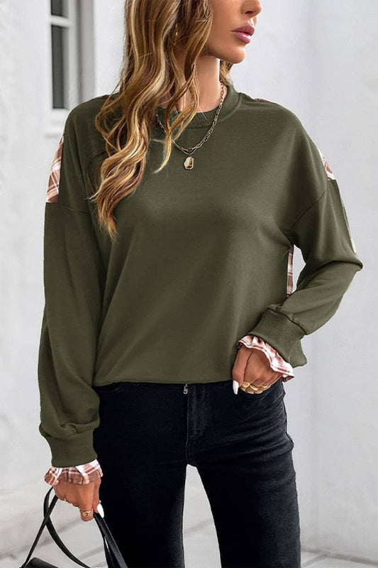 CWTBLL4053_PLAID PATCHWORK LIGHTWEIGHT CREWNECK SWEATSHIRT