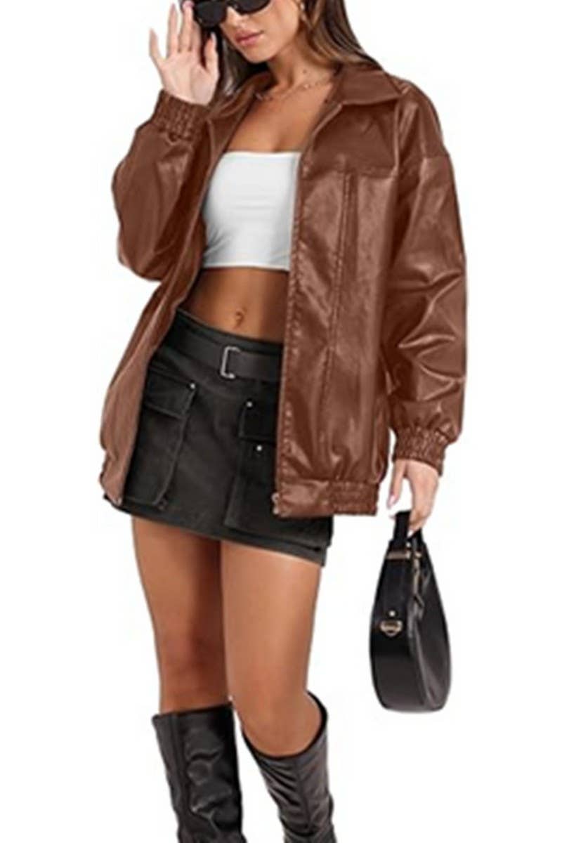 CWOCO1150_LAPEL ZIPPER SIDE POCKET PU LEATHER JACKET