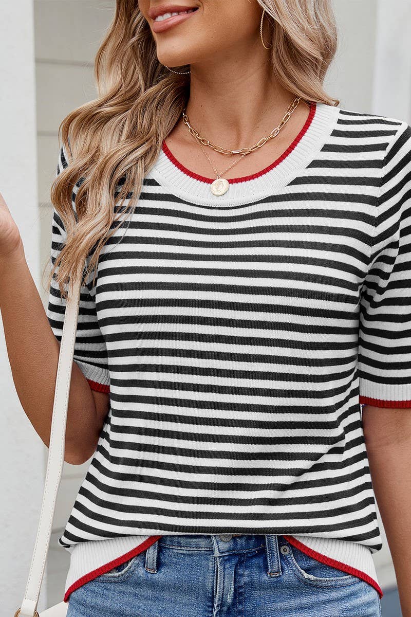 CWTBLS02495_STRIPED KNITTED ICE SILK SHORT-SLEEVED TOP