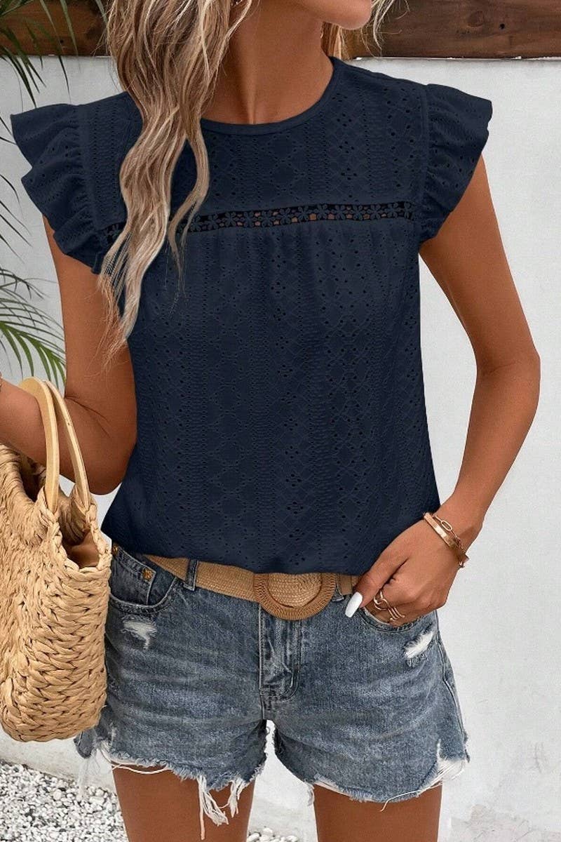 CWTBLS0605_ ROUND NECK LACE RUFFLE SHORT SLEEVE BLOUSE TOP