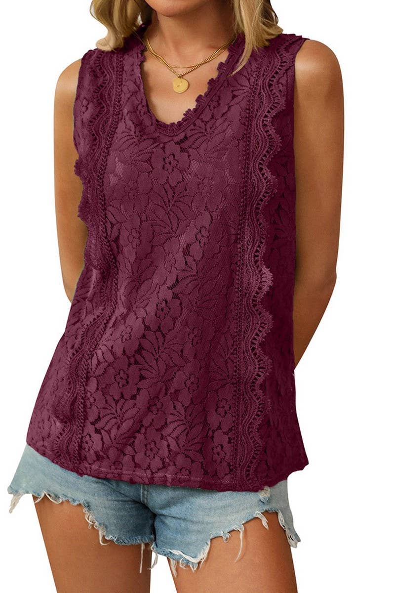 CWTBLSL0672_V-NECK LACE SLEEVELESS VEST TOP