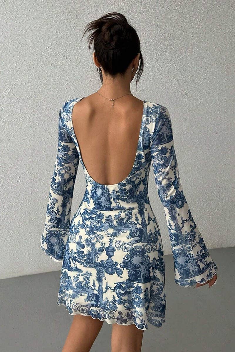 CWDSD8266_PRINTED BELL SLEEVE OPEN BACK MESH DRESS