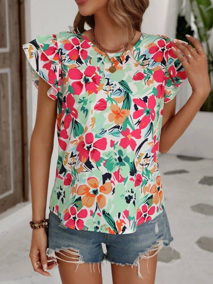 FLORAL DOUBLE-LAYER FLYING SHORT-SLEEVED SHIRT