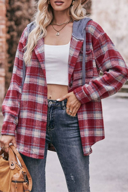 CWTSTL2181_FLANNEL PLAID HOODED LONG-SLEEVED SHIRT JACKET
