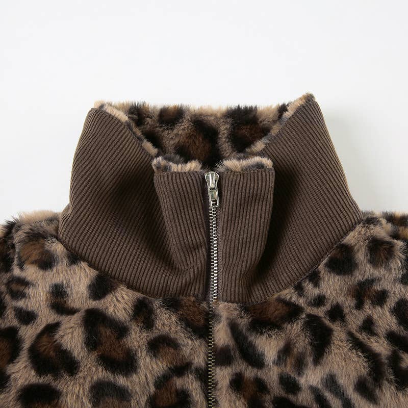 CROPPED WAIST FUR PATCHWORK LEOPARD PRINT JACKET