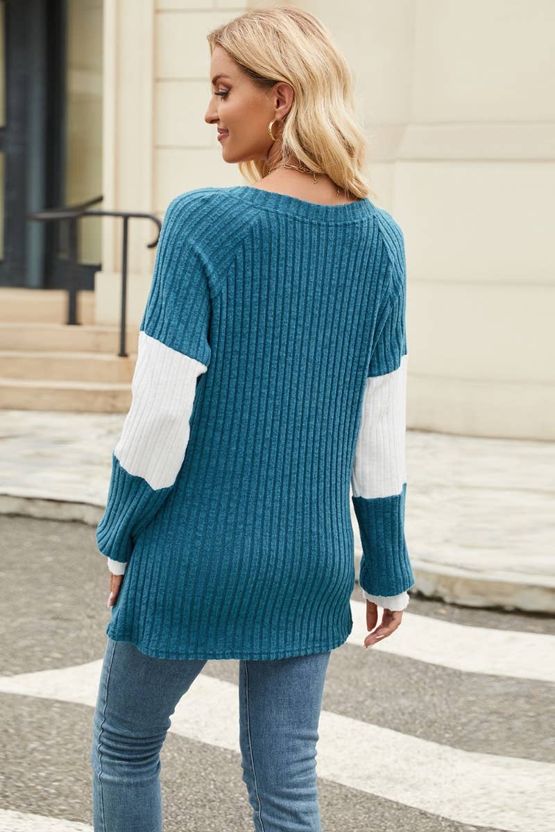 CWOSWL4448_DEEP V LONG SLEEVE COLOR BUTTON-UP SWEATER