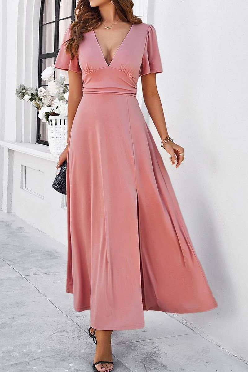 CWDMD1333_V-Neck Short Ruffle Sleeve Maxi Dress
