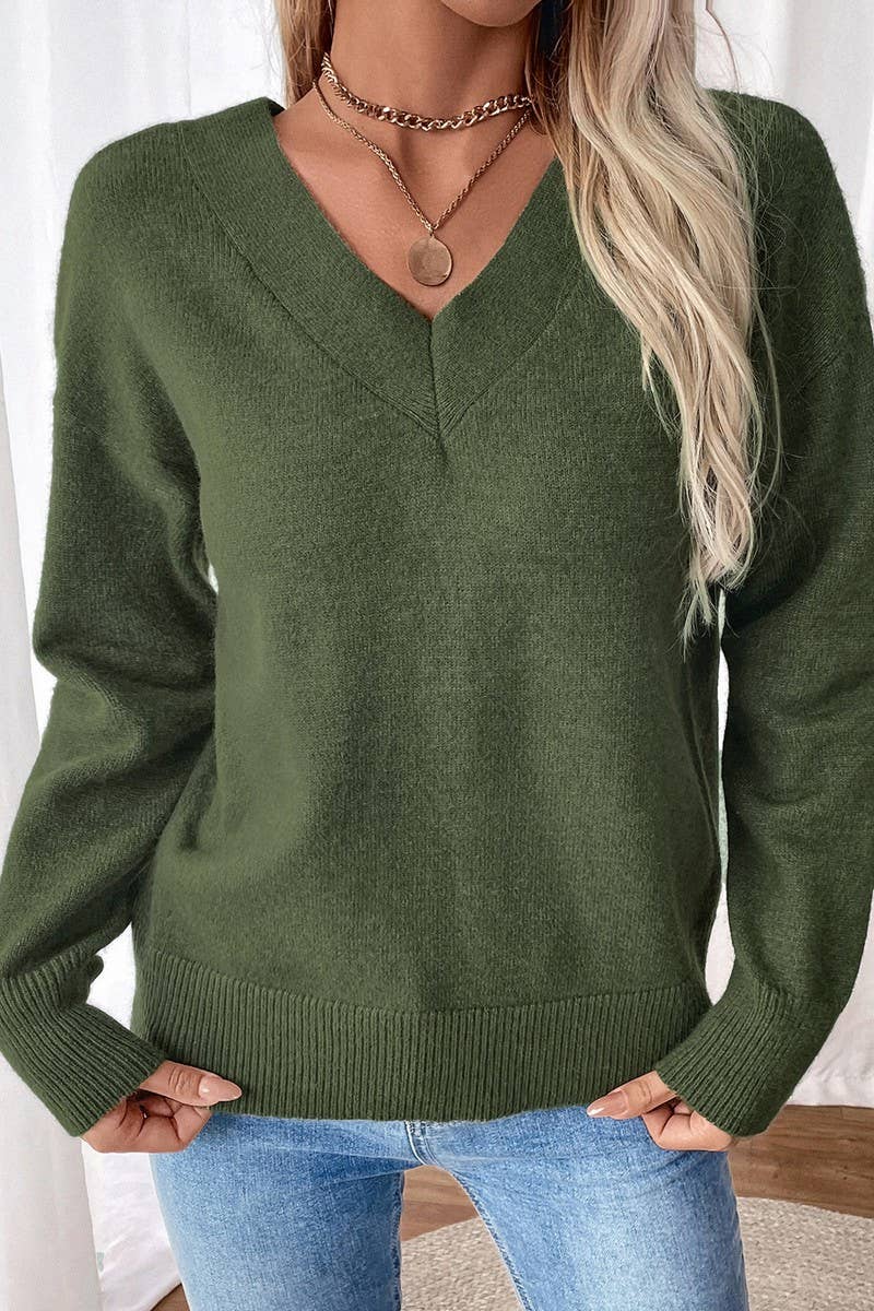 CWOSWL6842_LOOSE V-NECK TEMPERAMENT BACKLESS SLIT SWEATER