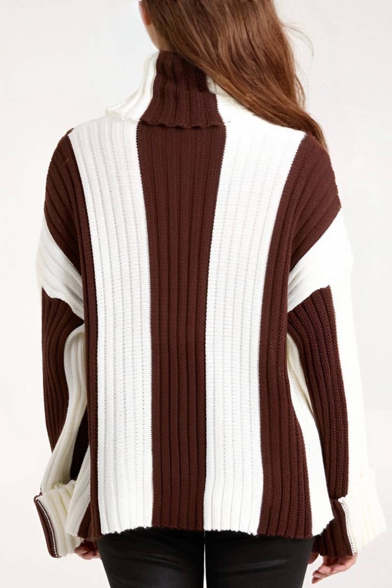 CWOSWL6947_STRIPED KNIT PATCHWORK TURTLENECK SWEATER