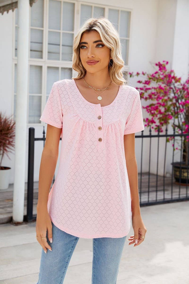 CWTBLS0435_Round Neck Short Sleeve Blouse