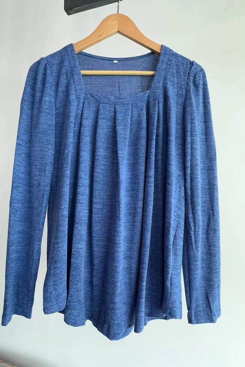 CWOSWL07634_SQUARE NECK PUFF SLEEVE PLEATED LONG SLEEVE TOP