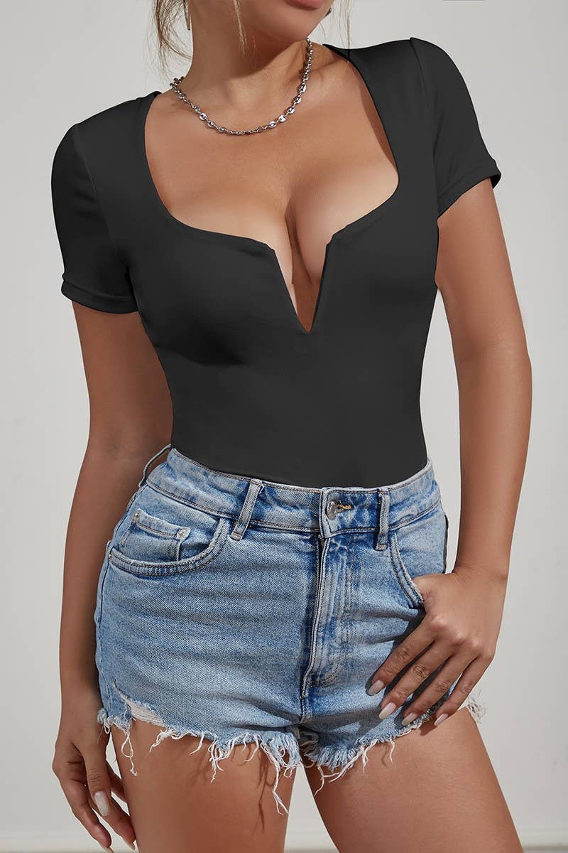 CWSBSS00013_DEEP V NECK SHORT SLEEVE SEXY BODYSUIT